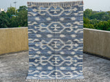 Denim blue abstract flatweave wool rug, flat view