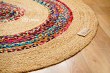 Jute chindi braided round rag rug, flat lay view