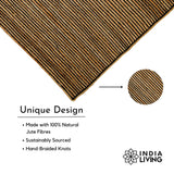 Black striped jute rug styled in a living room