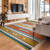 Overhead view of multi-striped kilim rug