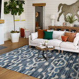 Denim blue rug placed in a bedroom setting