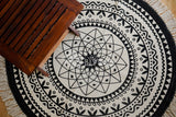 Round bohemian cotton mat flat lay showing boho print