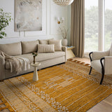 Yellow tribal rug in a living room setting