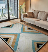 Geometric abstract jute rug flat lay full view