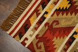 Full view of Navajo wool jute rug on wood floor