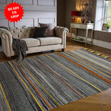 Grey striped cotton chenille rug, full flat view