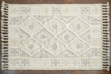 Wide shot of white Moroccan rug in a bright room
