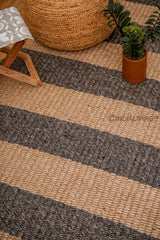 Charcoal and beige striped chunky wool rug, flat lay view