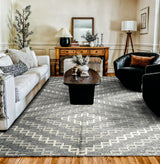 Grey abstract wool flatweave rug, full flat view