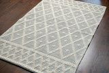 Grey wool rug styled in a living room
