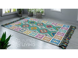 Green kilim rug styled in a living room