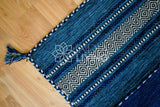 Woven detail of blue chenille rug edge
