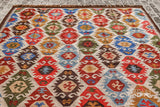 Multicolour Aztec kilim rug, flat lay view