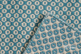 Close-up of turquoise wool rug honeycomb weave texture