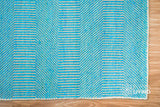 Aqua blue wool rug under a coffee table