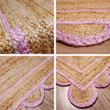 Corner view of light pink jute runner showing braided weave