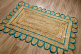 Teal blue scalloped jute runner styled in a living room