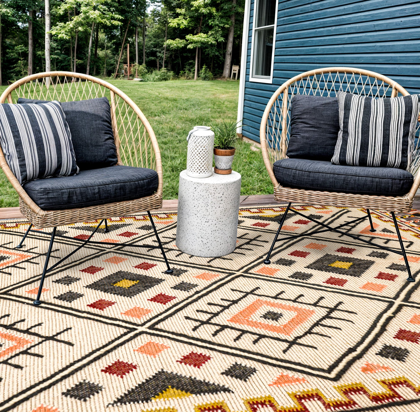 A handwoven kilim rug showing colour and texture detail of the cotton and wool blend