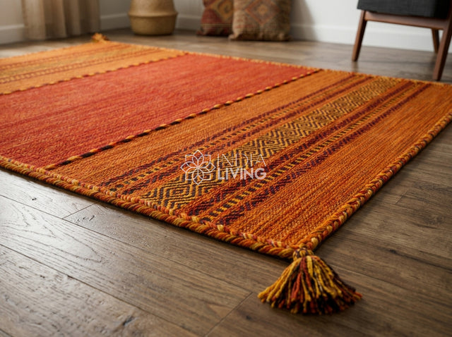Orange Kilim Rug, Handwoven Diamond Flatweave Cotton Rug