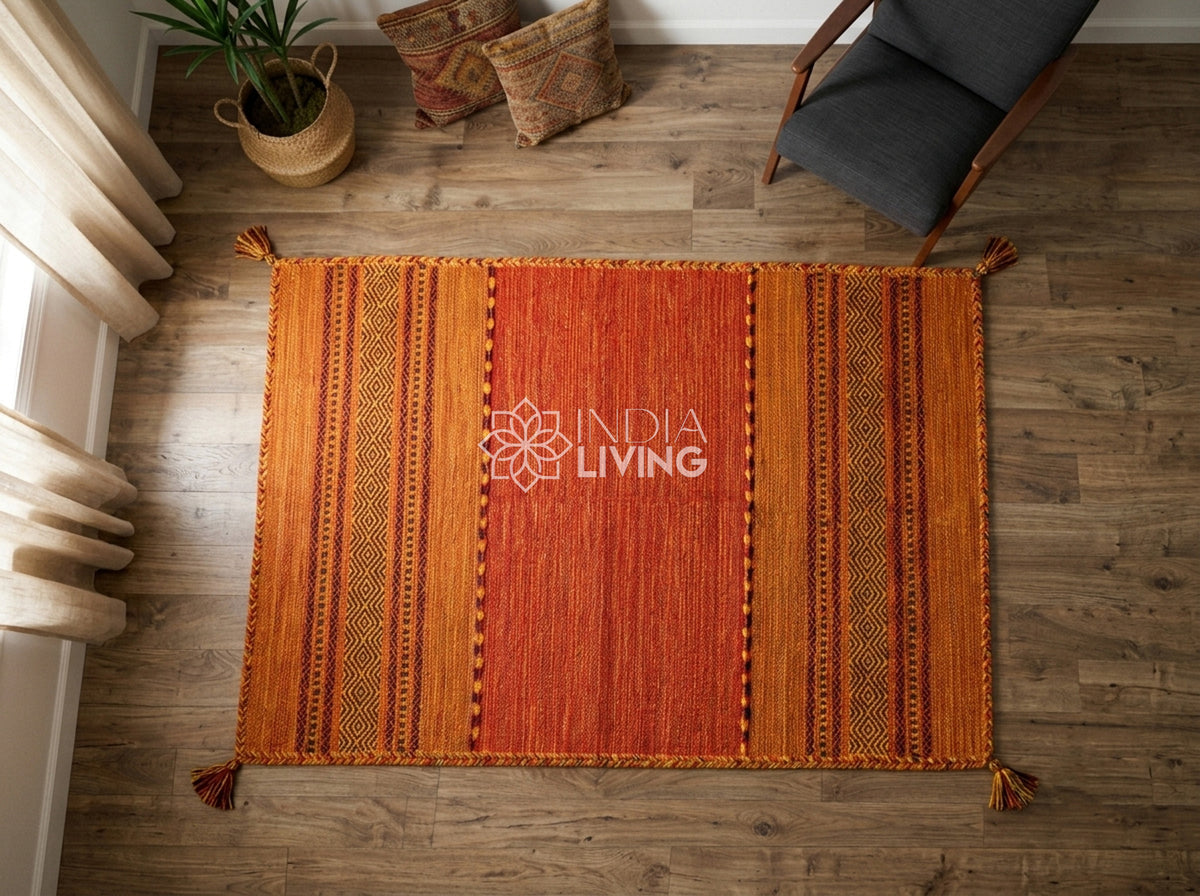 Orange Kilim Rug, Handwoven Diamond Flatweave Cotton Rug
