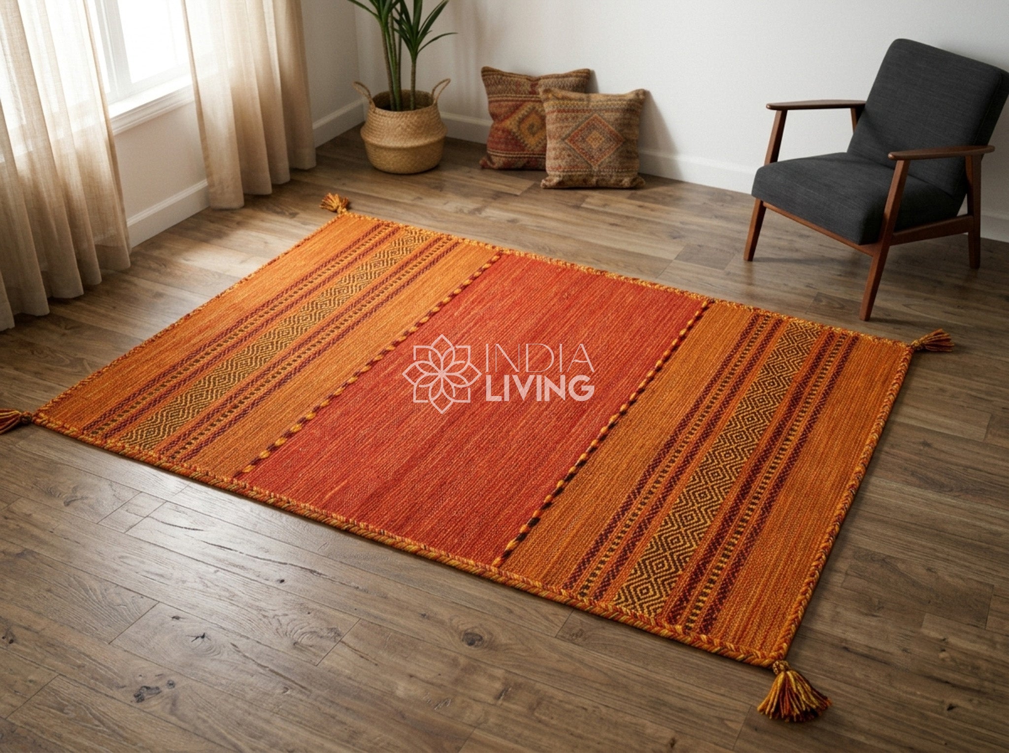 Orange Kilim Rug, Handwoven Diamond Cotton | IndiaLiving