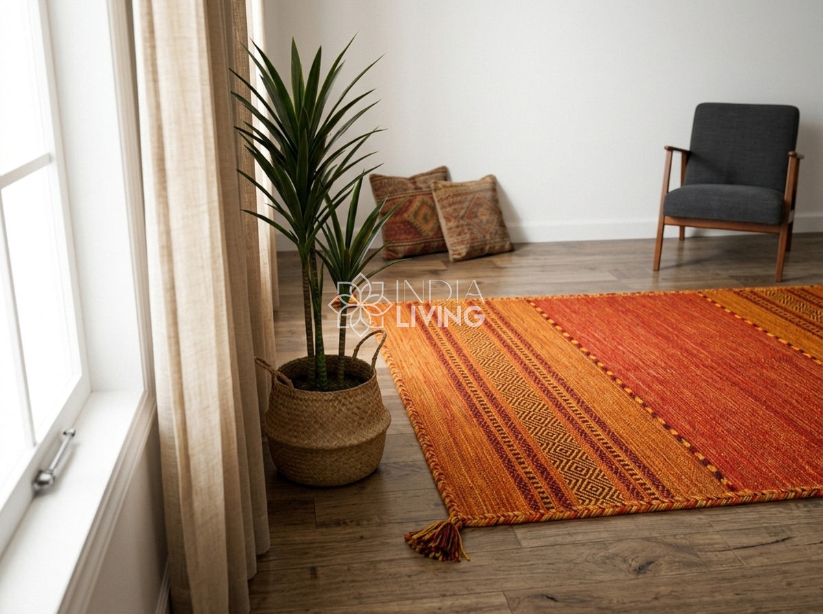 Orange Kilim Rug, Handwoven Diamond Flatweave Cotton Rug