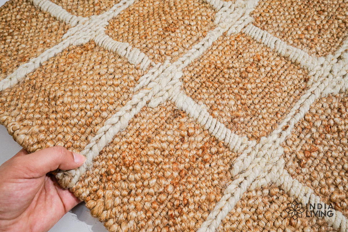 Ivory check jute rug in a hallway setting