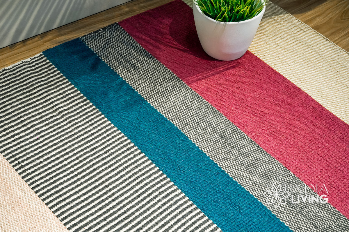 Handwoven wool rug in a boho styled bedroom