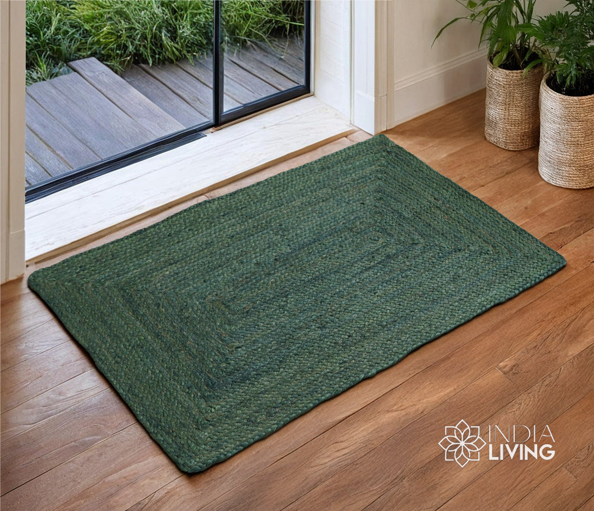 Green jute rug in a dining room setting