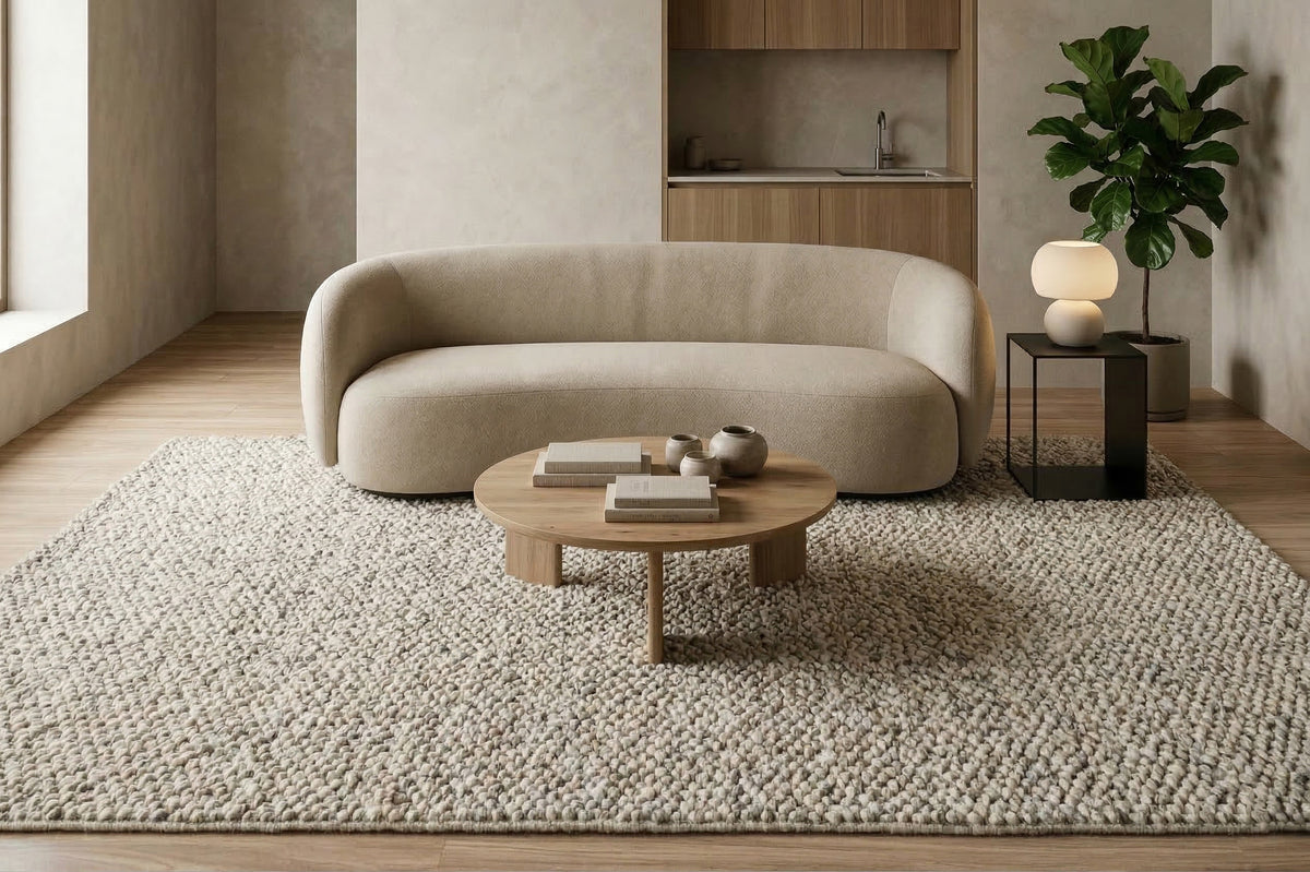 Gray Cashew Loops — wool rug beneath a curved ivory sofa and round wood coffee table