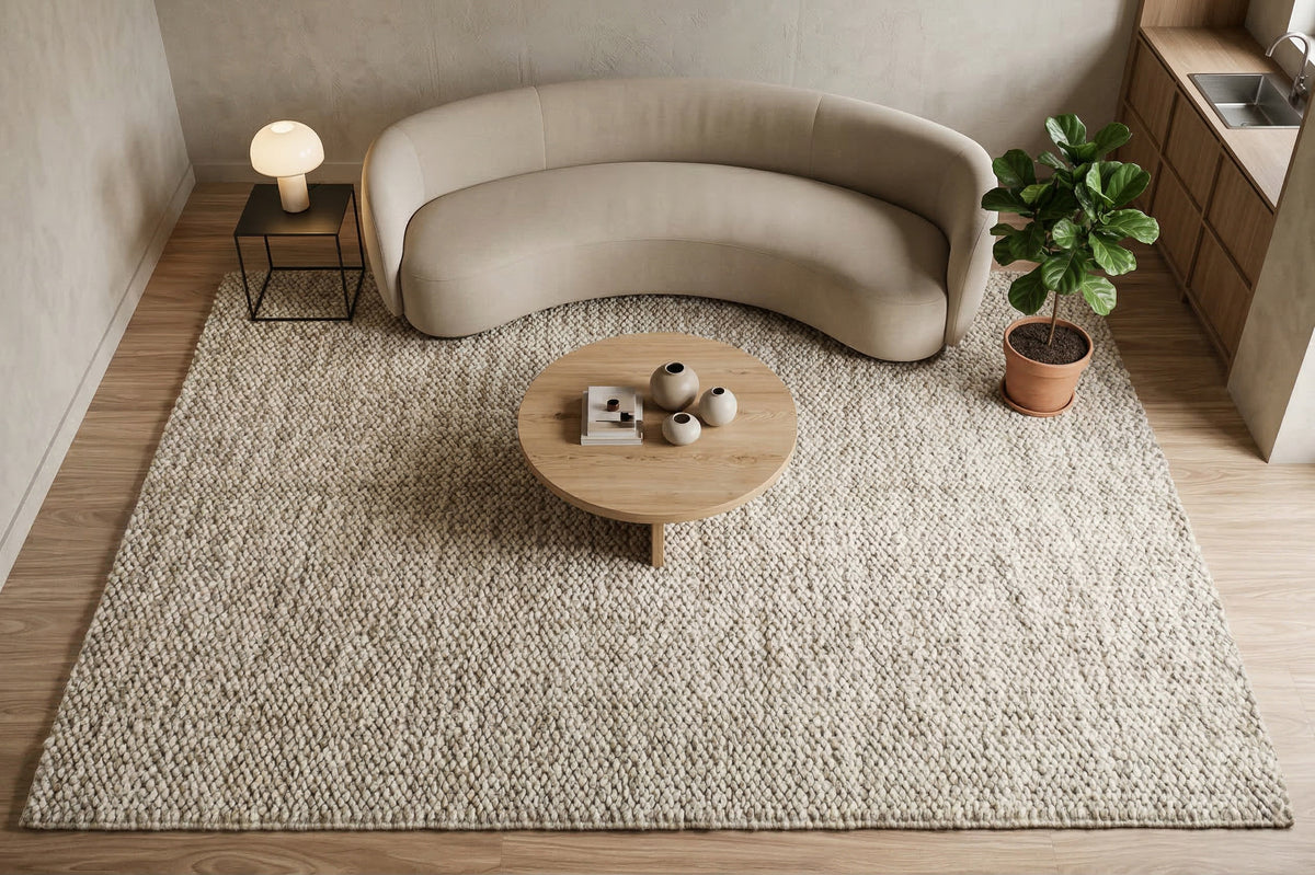 Gray Cashew Loops — wool rug viewed from above with a curved sofa, round coffee table and potted plant