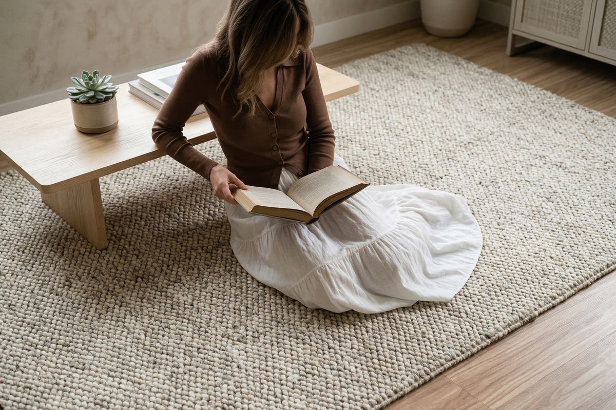 Gray Cashew Loops — wool rug styled in a living room with a reader seated beside a wood coffee table