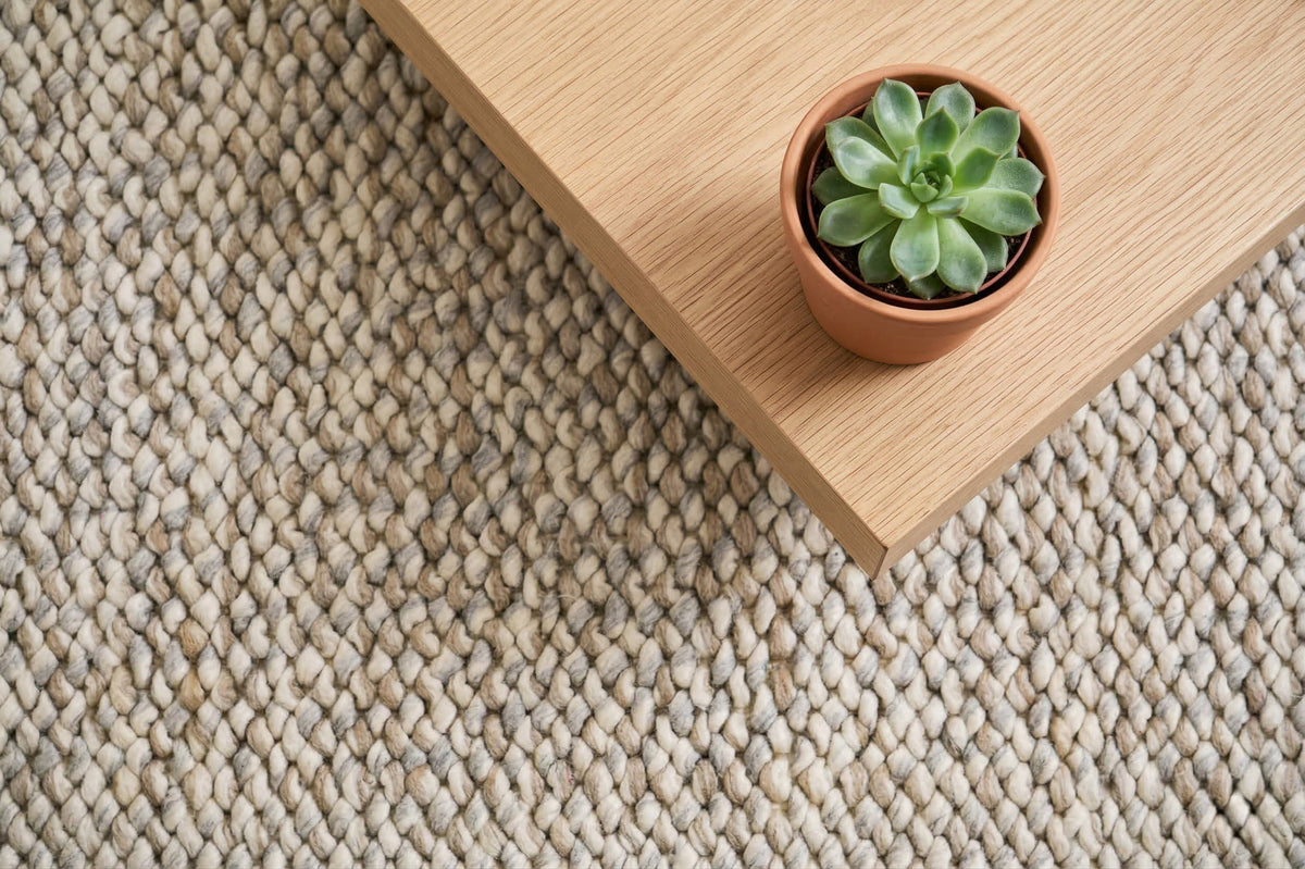 Gray Cashew Loops — wool rug viewed overhead beside a wood tabletop holding a small succulent