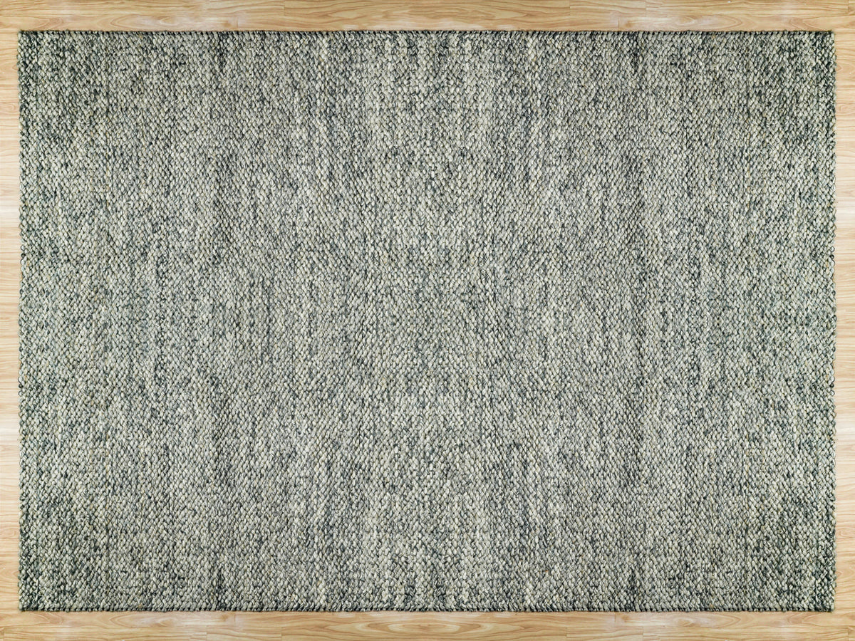 Gray Cashew Loops — Wool rug in a full overhead view showing its rectangular shape on a wood floor