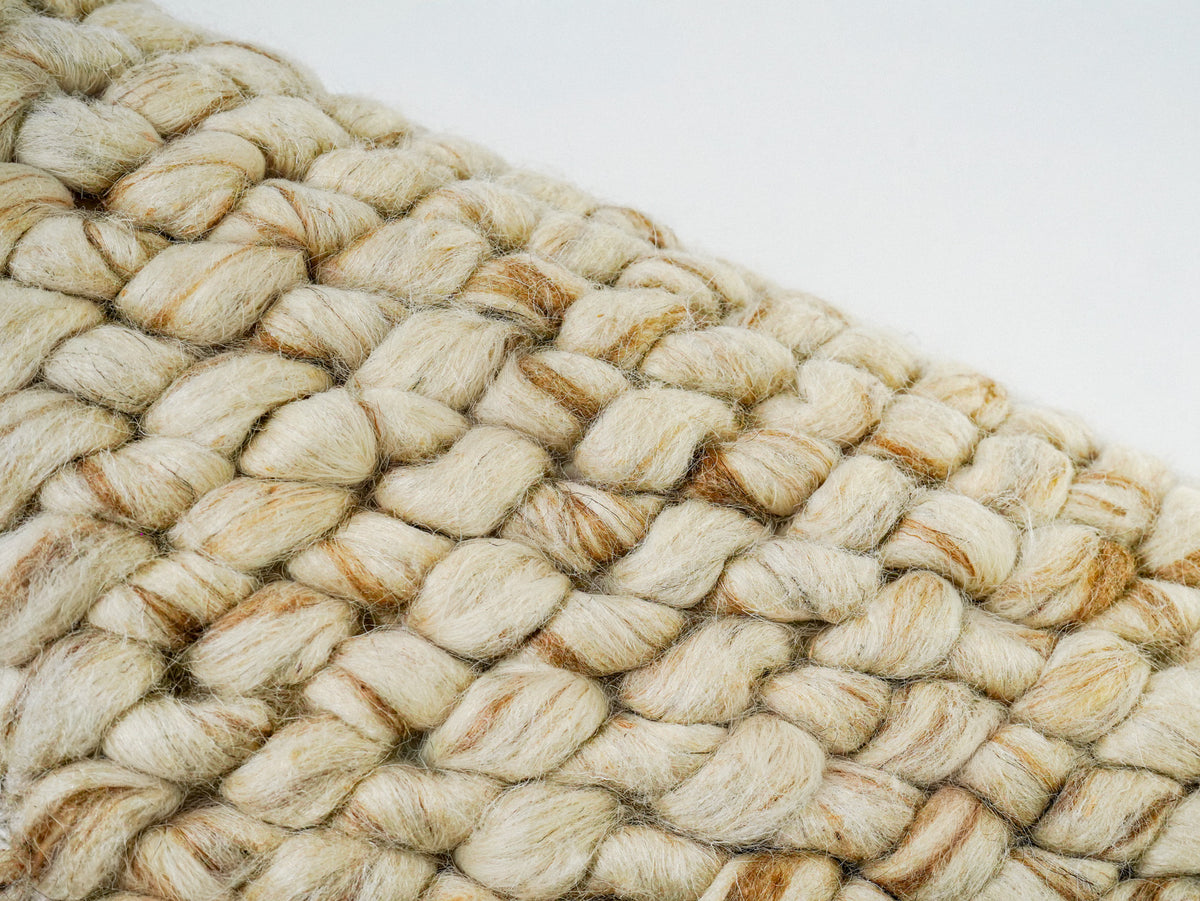Beige Cashew Loop — Wool rug, angled surface detail showing elongated loops with tan streaks