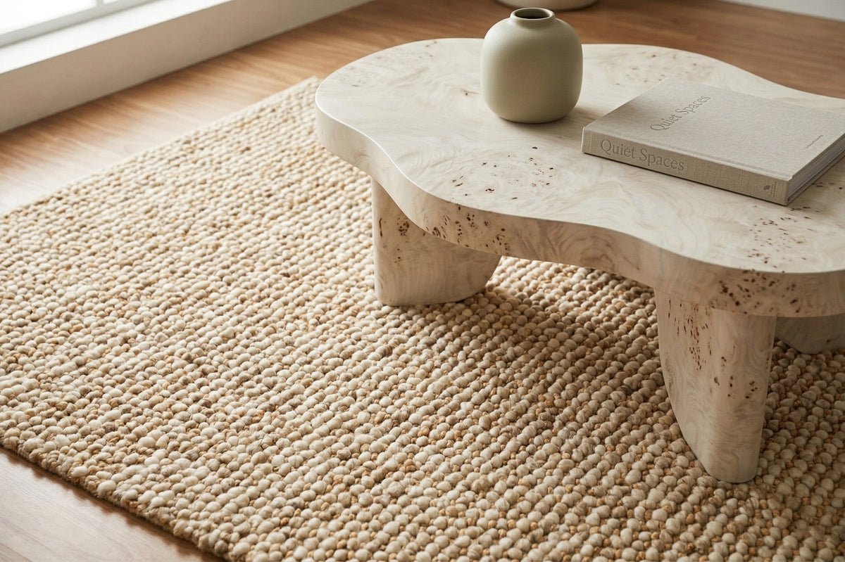 Loops With Jute — Beige Wool rug styled in a living room beneath a curved coffee table with a vase and book