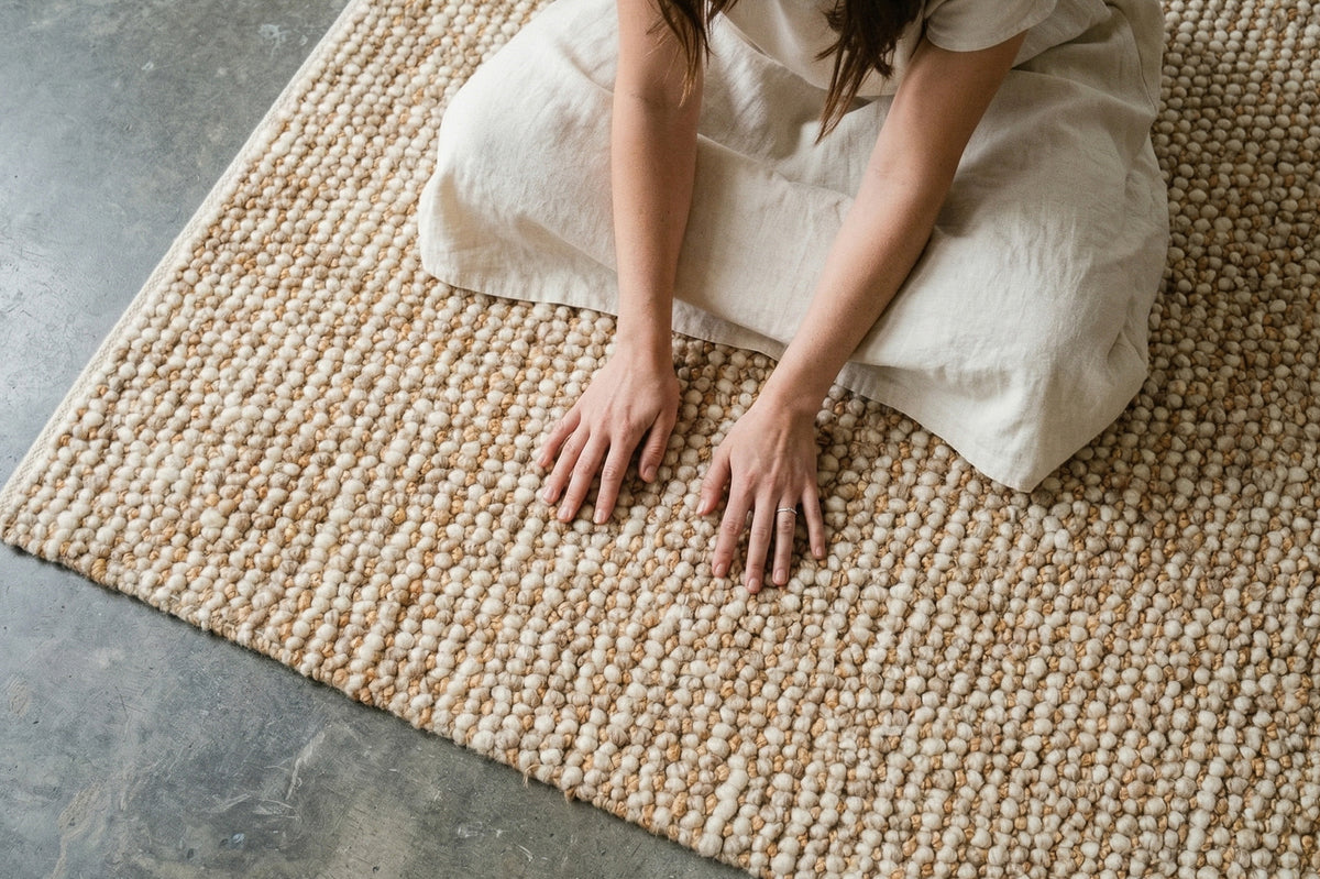Loops With Jute — Beige Wool rug with a seated person resting both hands on its textured surface