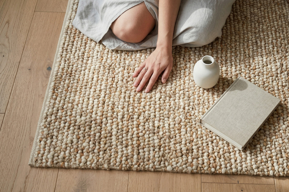 Loops With Jute — Beige Wool rug beside a seated person, with a small vase and book near the edge