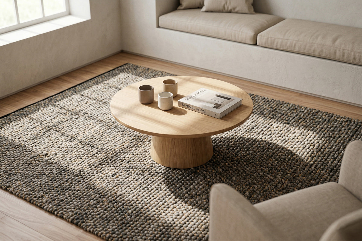 Loops With Jute — Gray Wool rug beneath a round coffee table in a sunlit seating area with a cushioned window bench