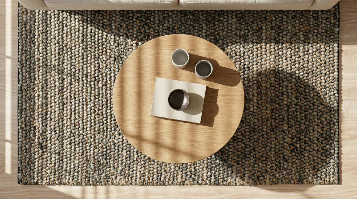 Loops With Jute — Gray Wool rug viewed overhead beneath a round wood table, with a sofa along the top edge