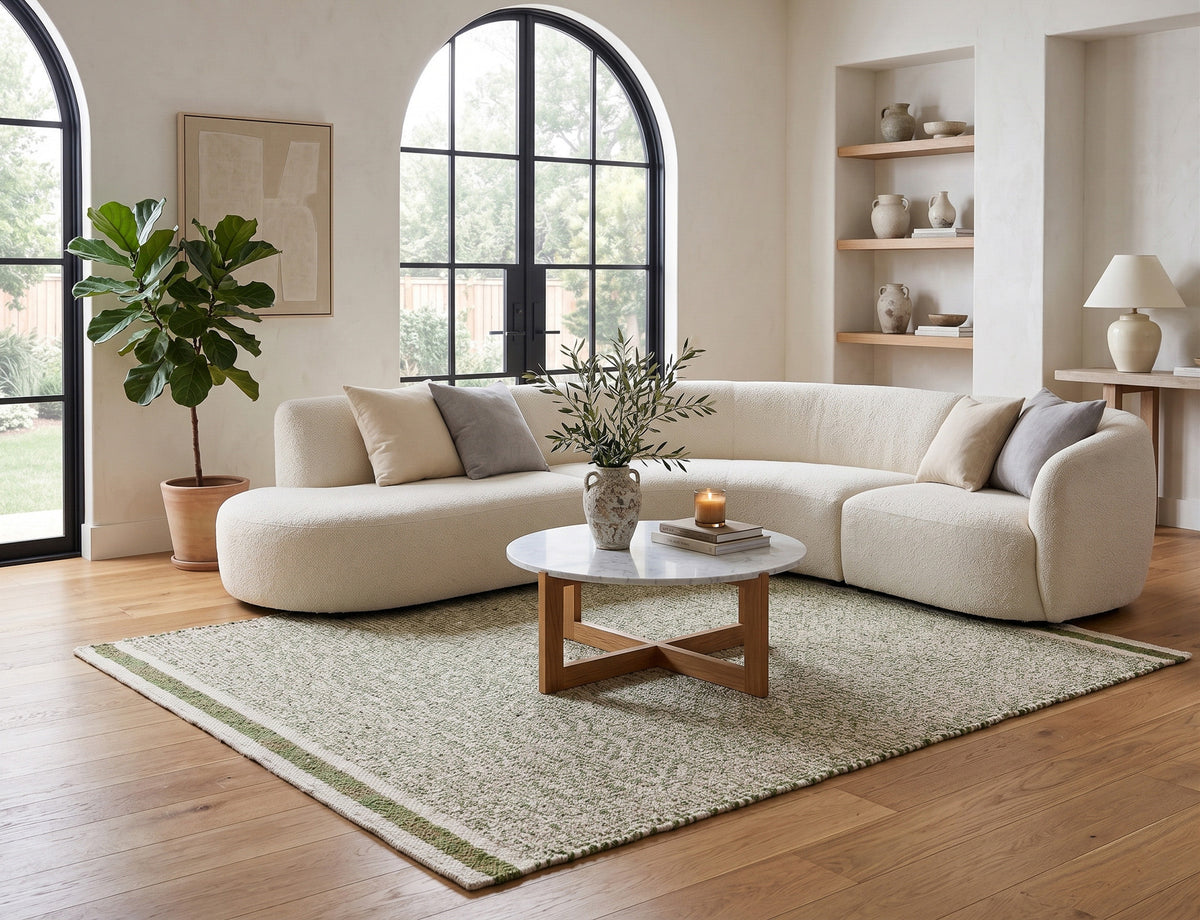 Green wool rug anchoring a cream sectional and round coffee table in a living room with arched windows.