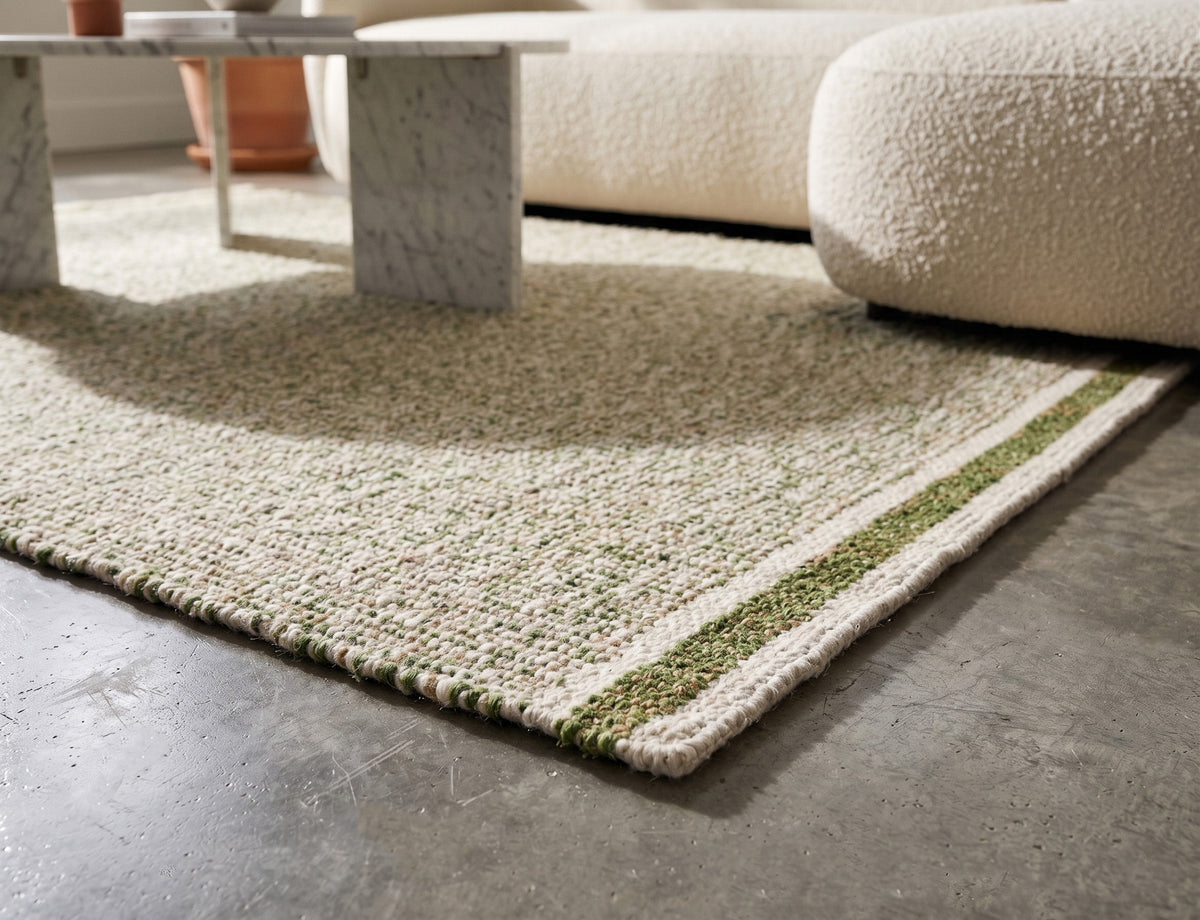 Green wool rug styled in a living room, with a close floor-level view of its striped corner beside a cream sofa.