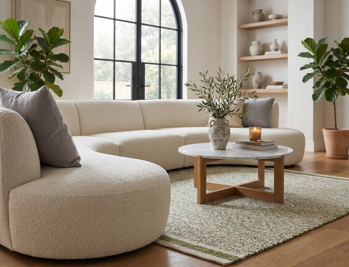 Green wool rug beneath a round coffee table, with its striped end visible beside curved cream seating.