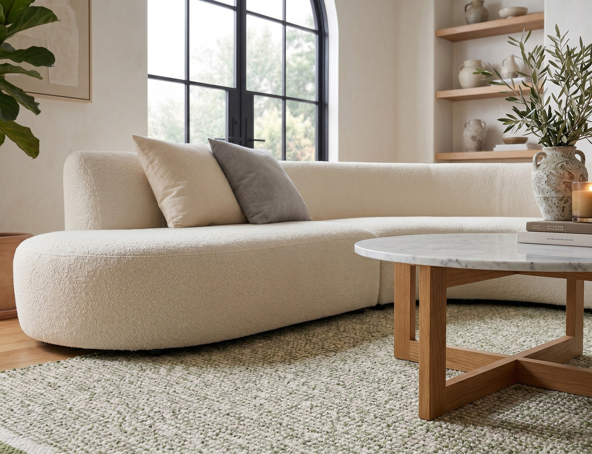 Green wool rug's textured surface in the foreground beneath a wood-framed coffee table and cream sofa.