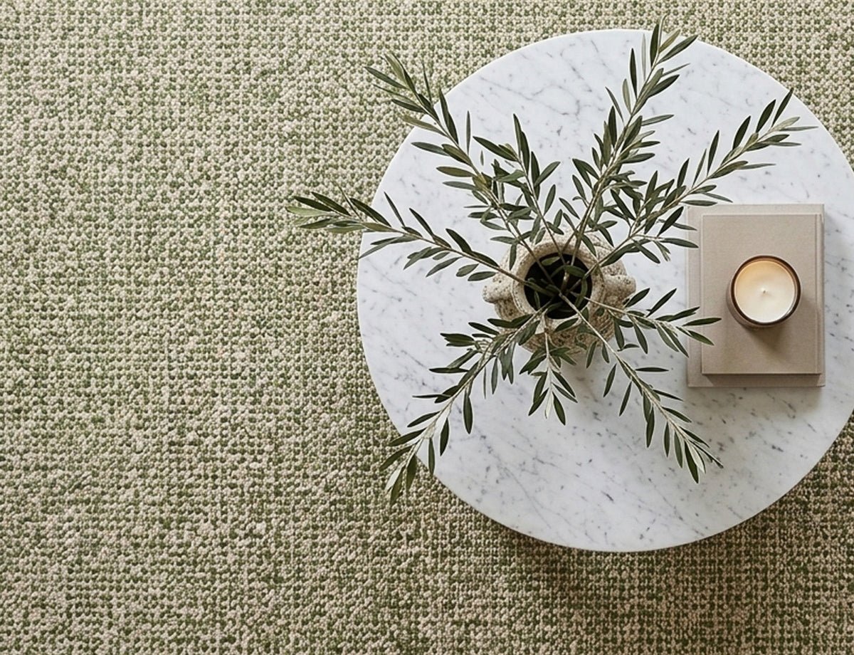 Green wool rug with ivory woven texture beneath a round marble coffee table, viewed from above.