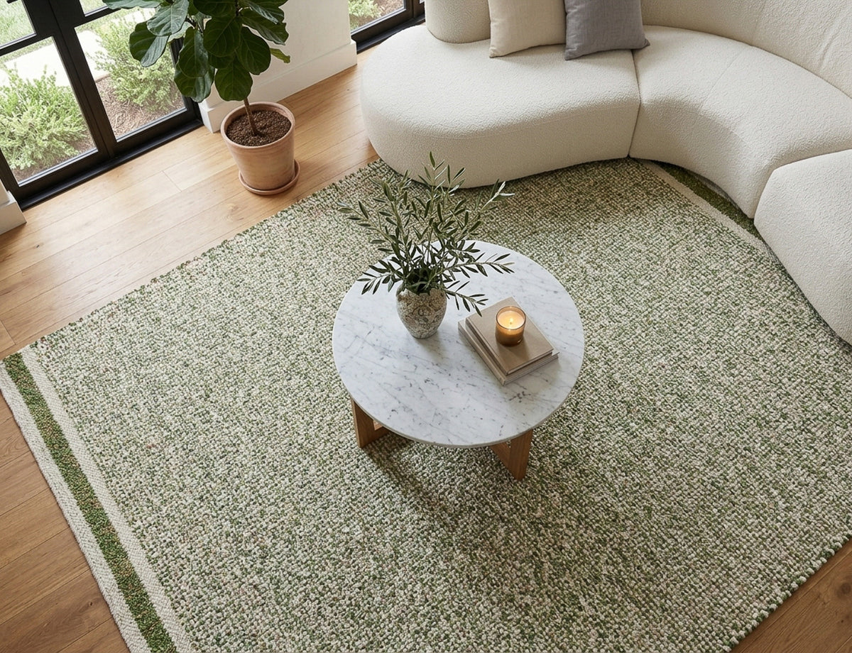 Angled overhead view of a green wool rug beneath a cream seating arrangement, showing its textured field and end stripe.