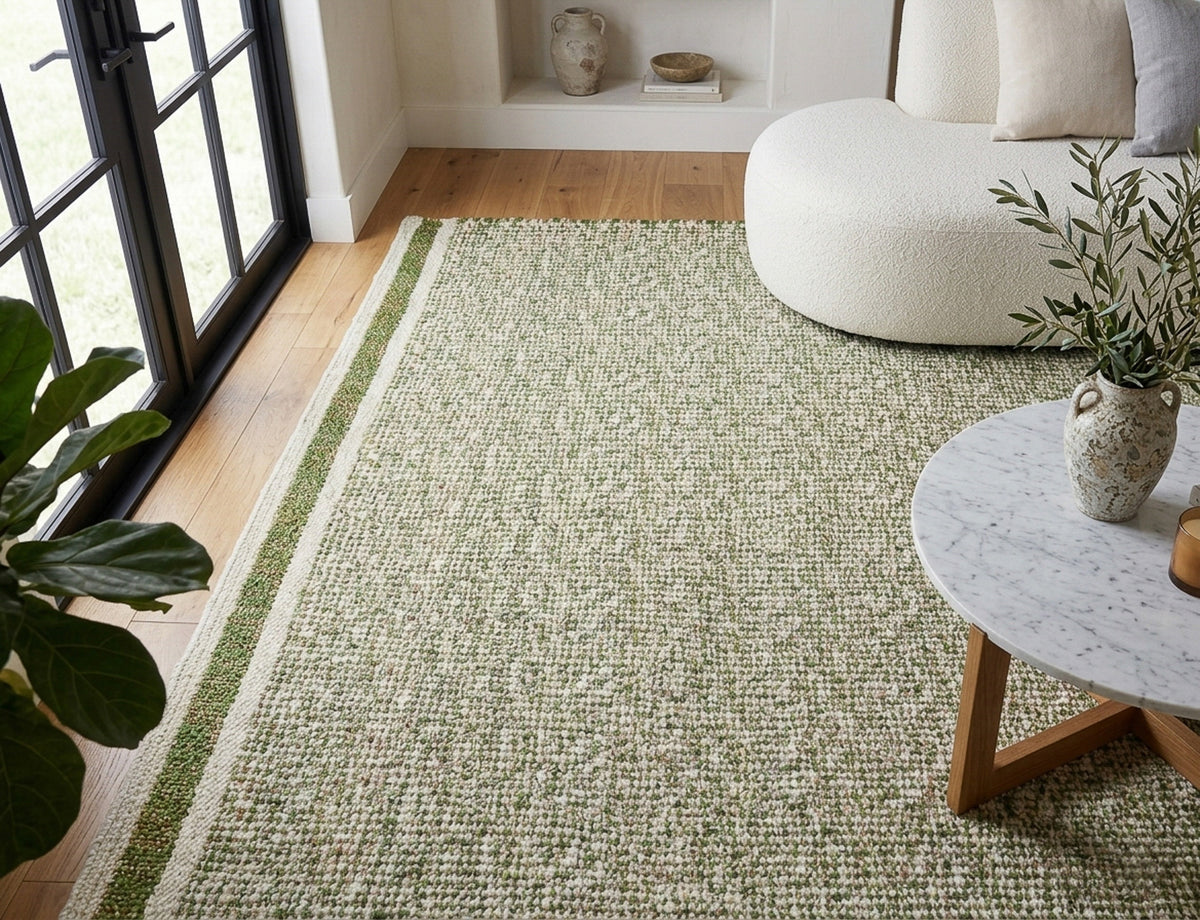 Green wool rug styled in a living room beside a cream chair, with a striped edge along the glass doors.