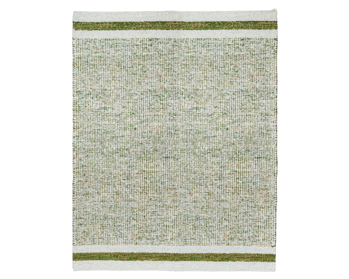 Rectangular green wool rug isolated on white, showing its full textured field and stripes at opposite ends.