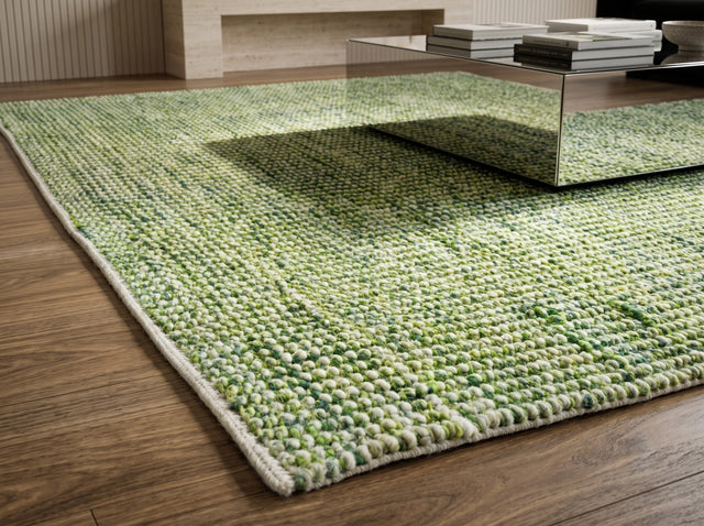 Cashew Loop — Green wool rug styled in a living room