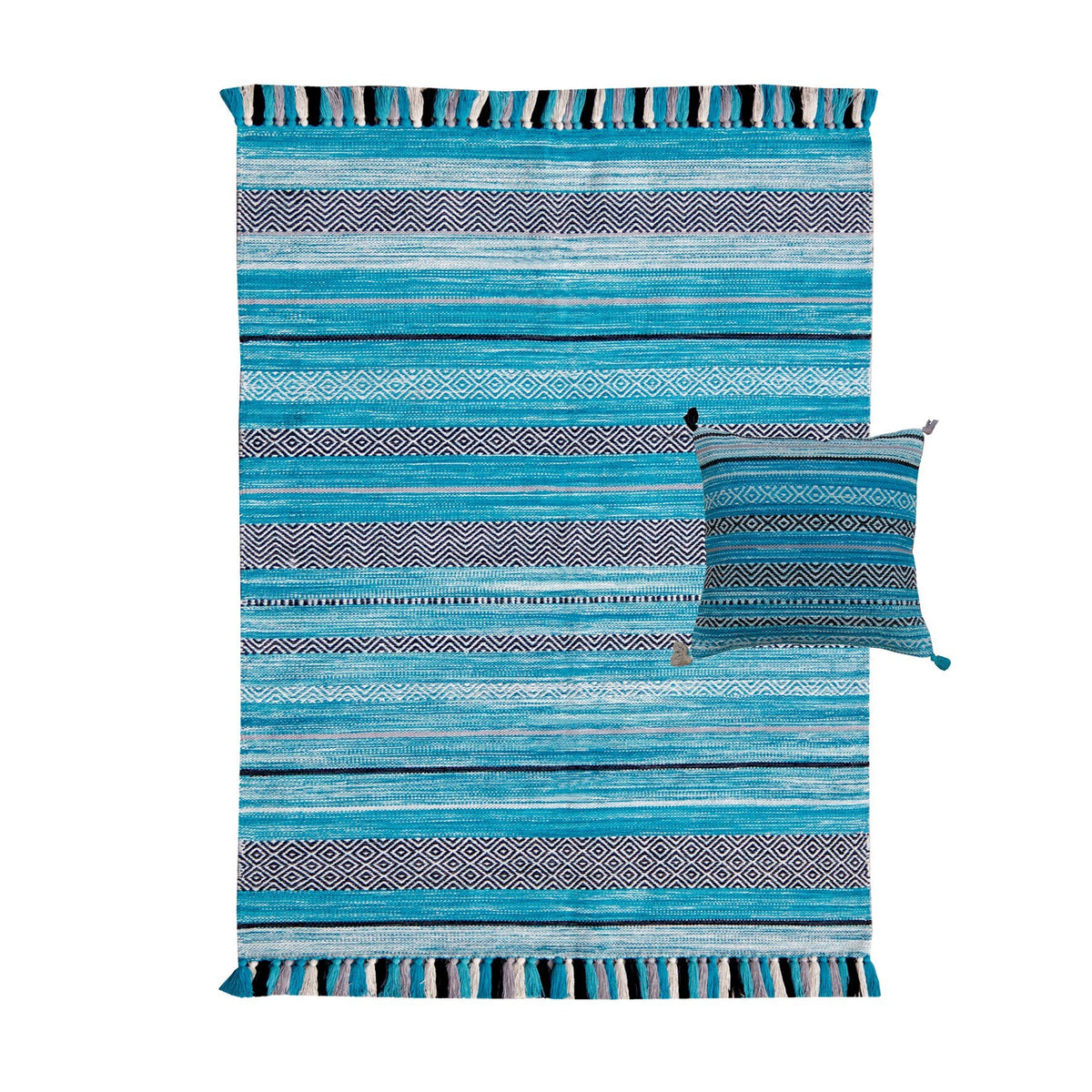Full view of striped kilim rug on floor